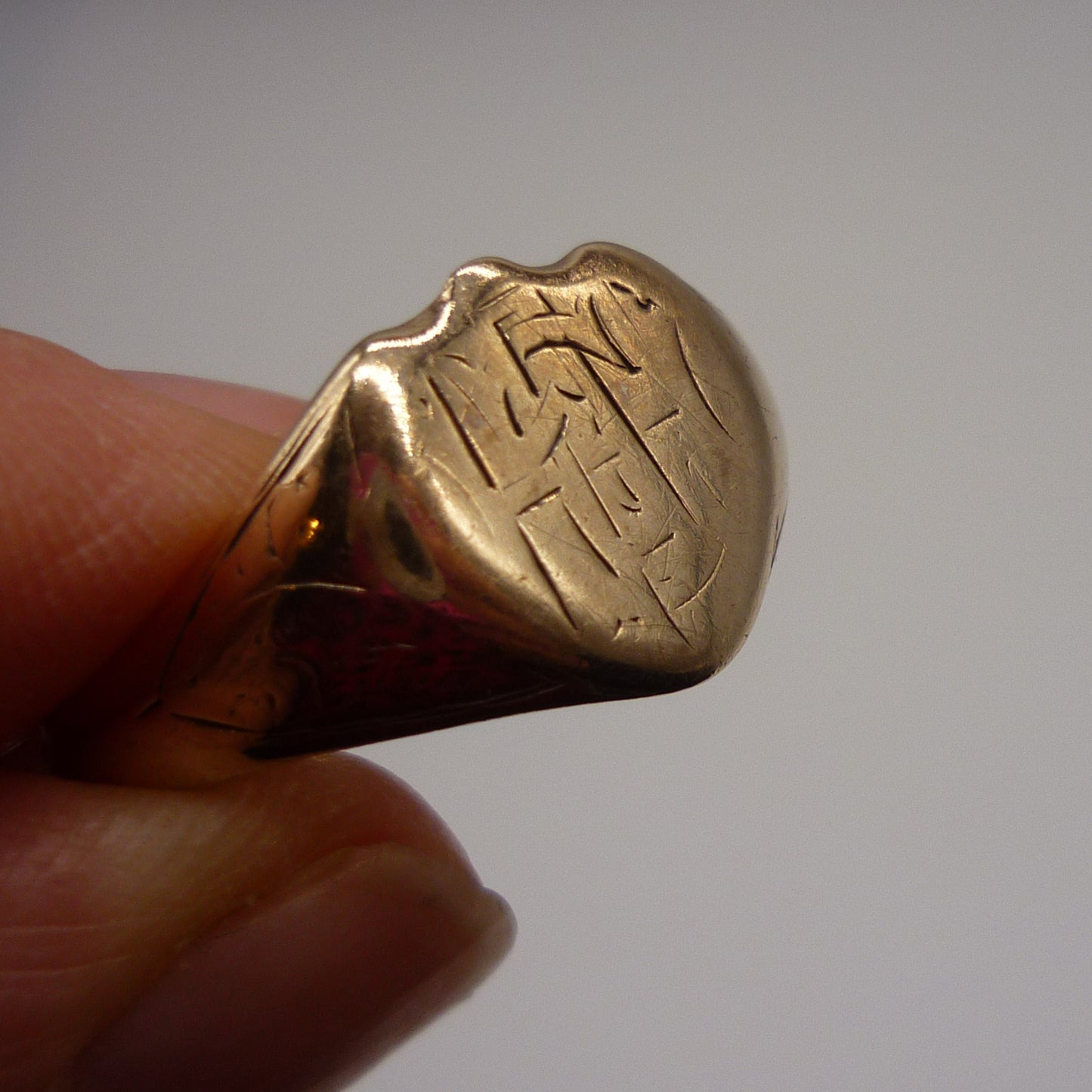 Antique Signet Ring Size 10.75, Hand Engraved Yellow Gold Monogram, Old Initial Shield Ring