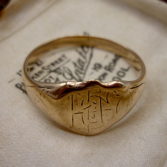 Antique Signet Ring Size 10.75, Hand Engraved Yellow Gold Monogram, Old Initial Shield Ring