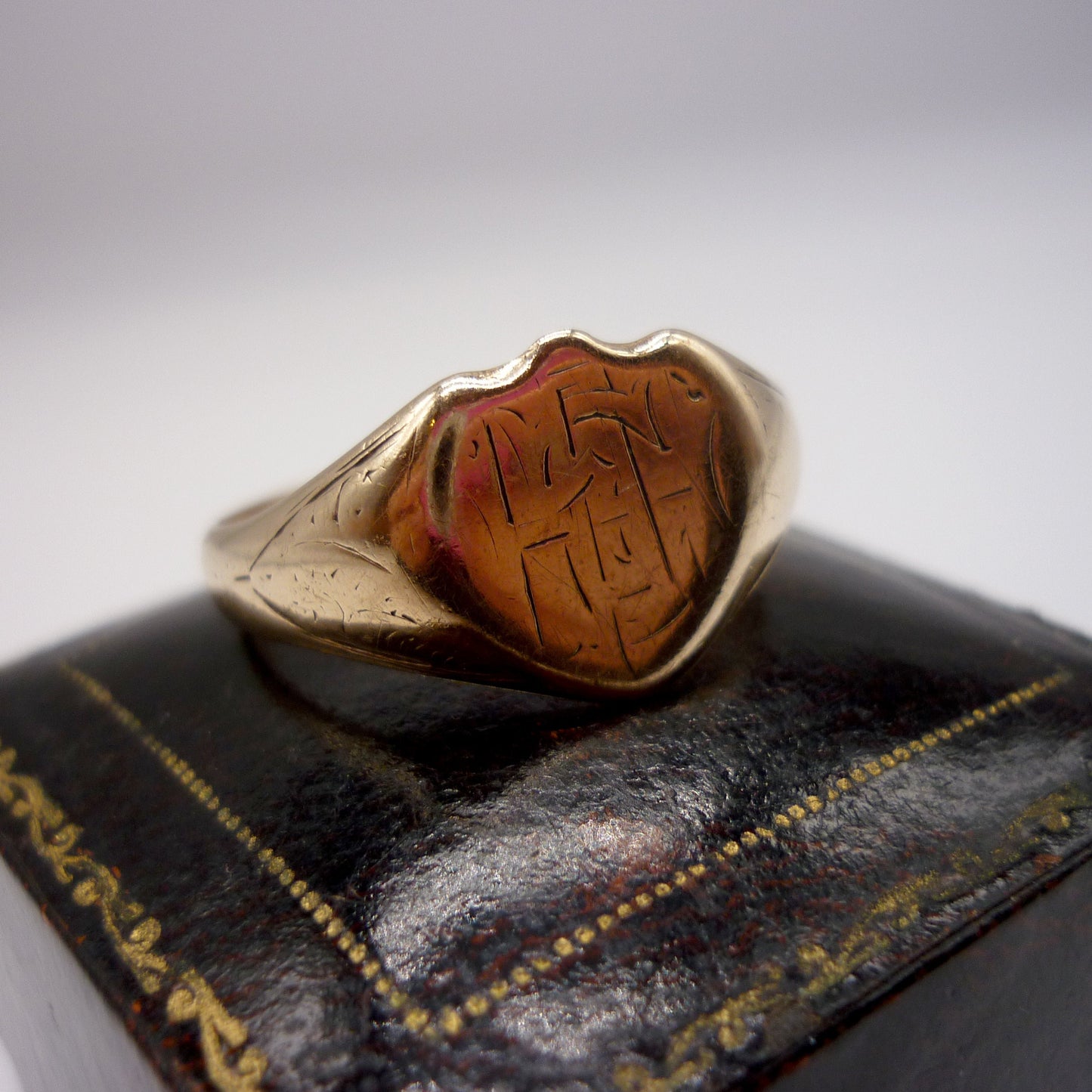 Antique Signet Ring Size 10.75, Hand Engraved Yellow Gold Monogram, Old Initial Shield Ring