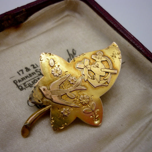 Antique Victorian Gold Sweetheart Brooch, Faith Hope & Charity, Forget-Me-Nots, Ivy Leaf and Swallows