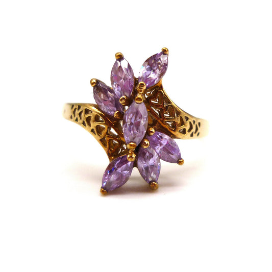 Vintage 9k Gold Lavender Purple CZ Cluster Ring Size 8.25, Costume Amethyst Jewellery