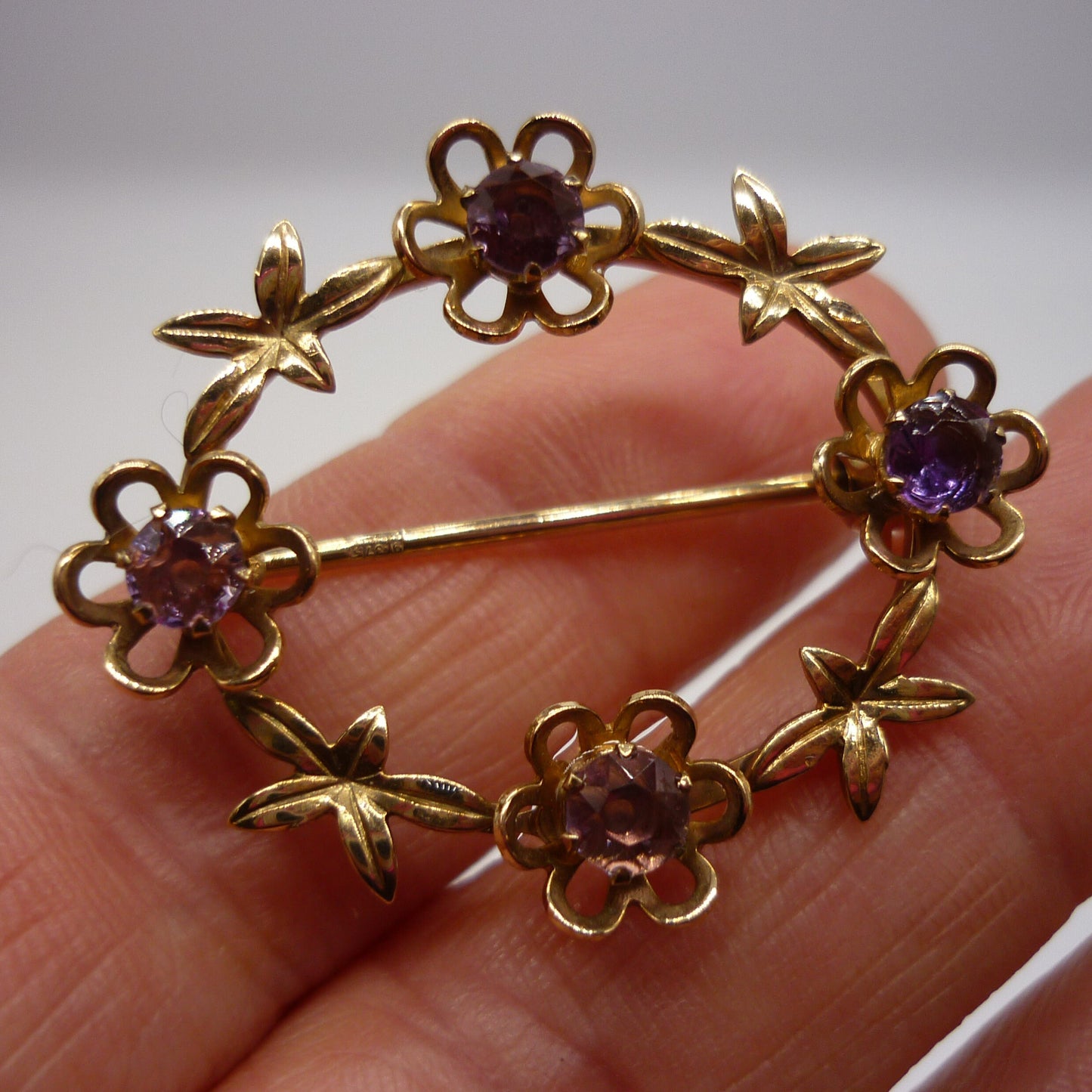 Vintage 9ct Gold & Amethyst Open Oval Wreath Flower Brooch, Payton Pepper Birmingham 1968