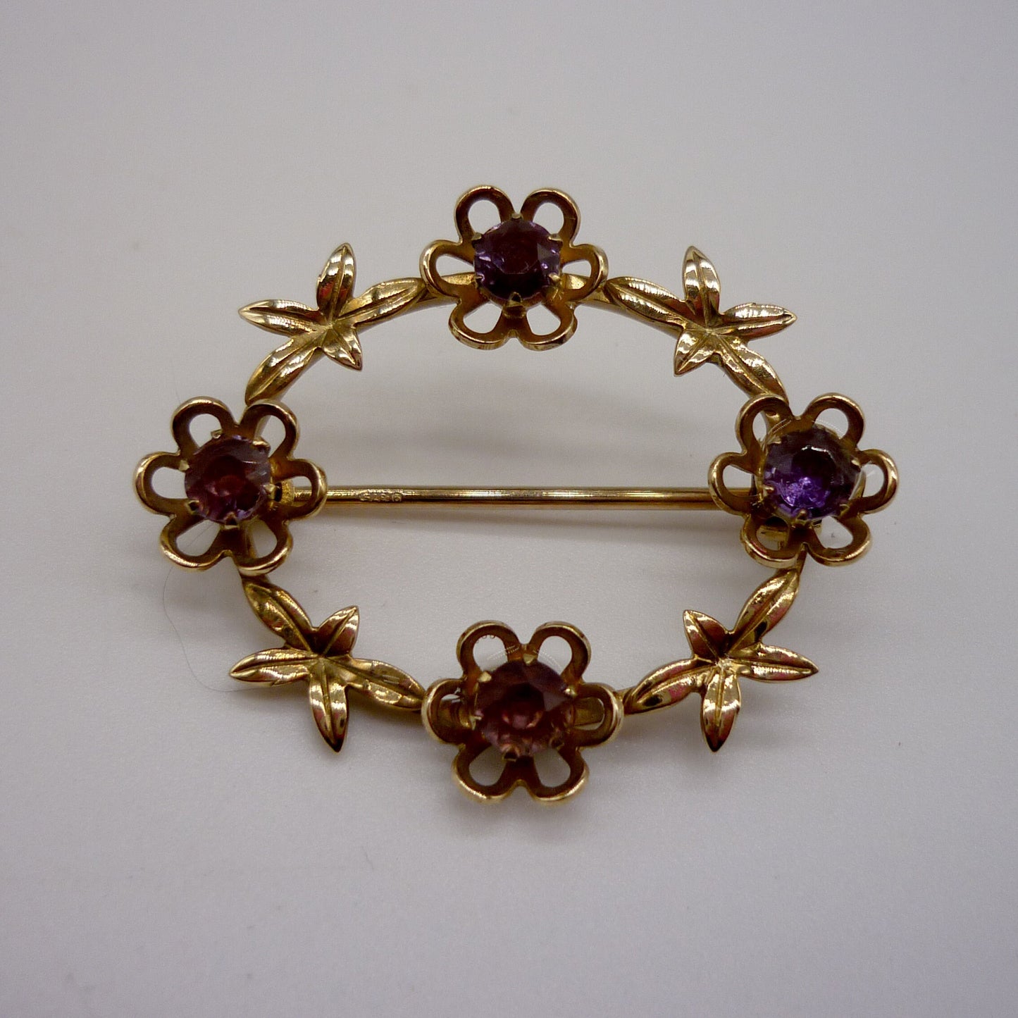 Vintage 9ct Gold & Amethyst Open Oval Wreath Flower Brooch, Payton Pepper Birmingham 1968
