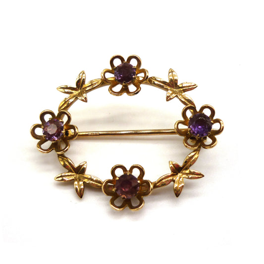 Vintage 9ct Gold & Amethyst Open Oval Wreath Flower Brooch, Payton Pepper Birmingham 1968