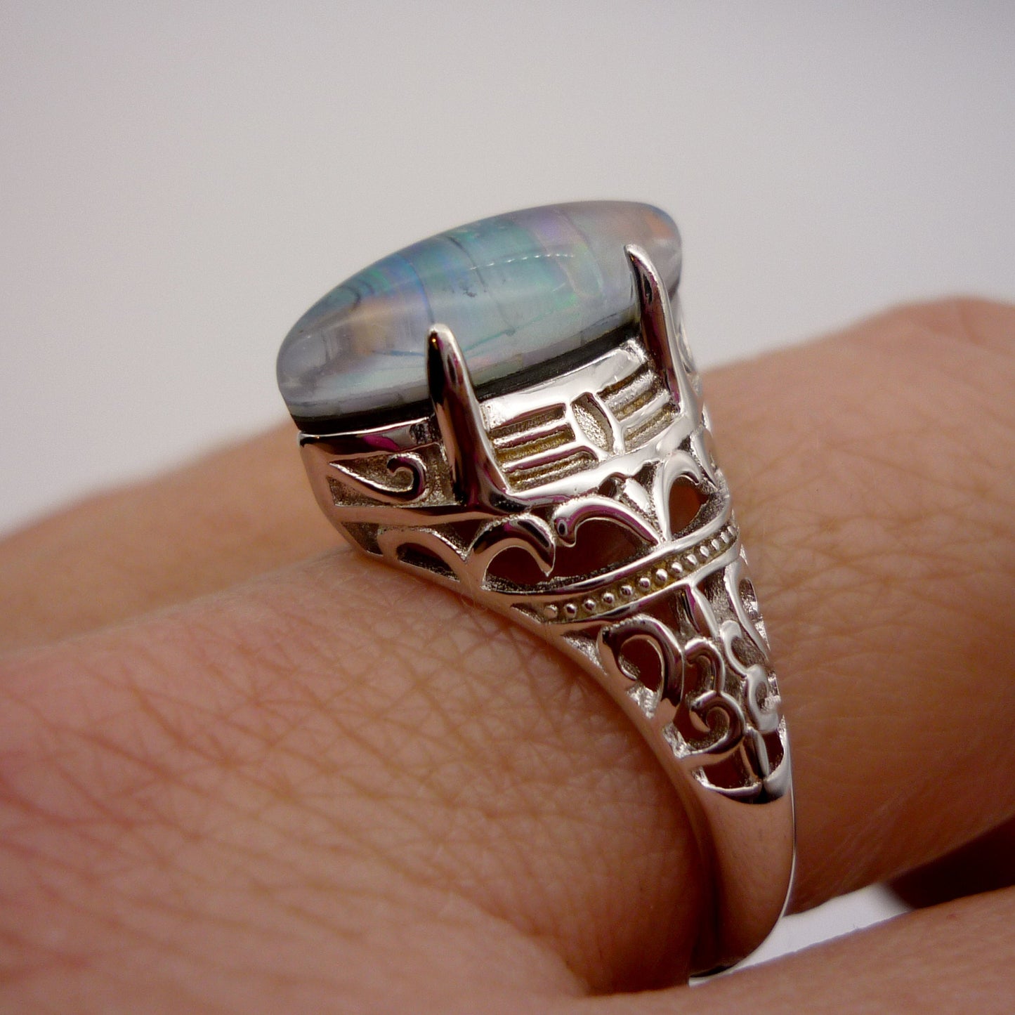 Australian Mosaic Opal Ring: Large Sterling Silver, Size 6.75