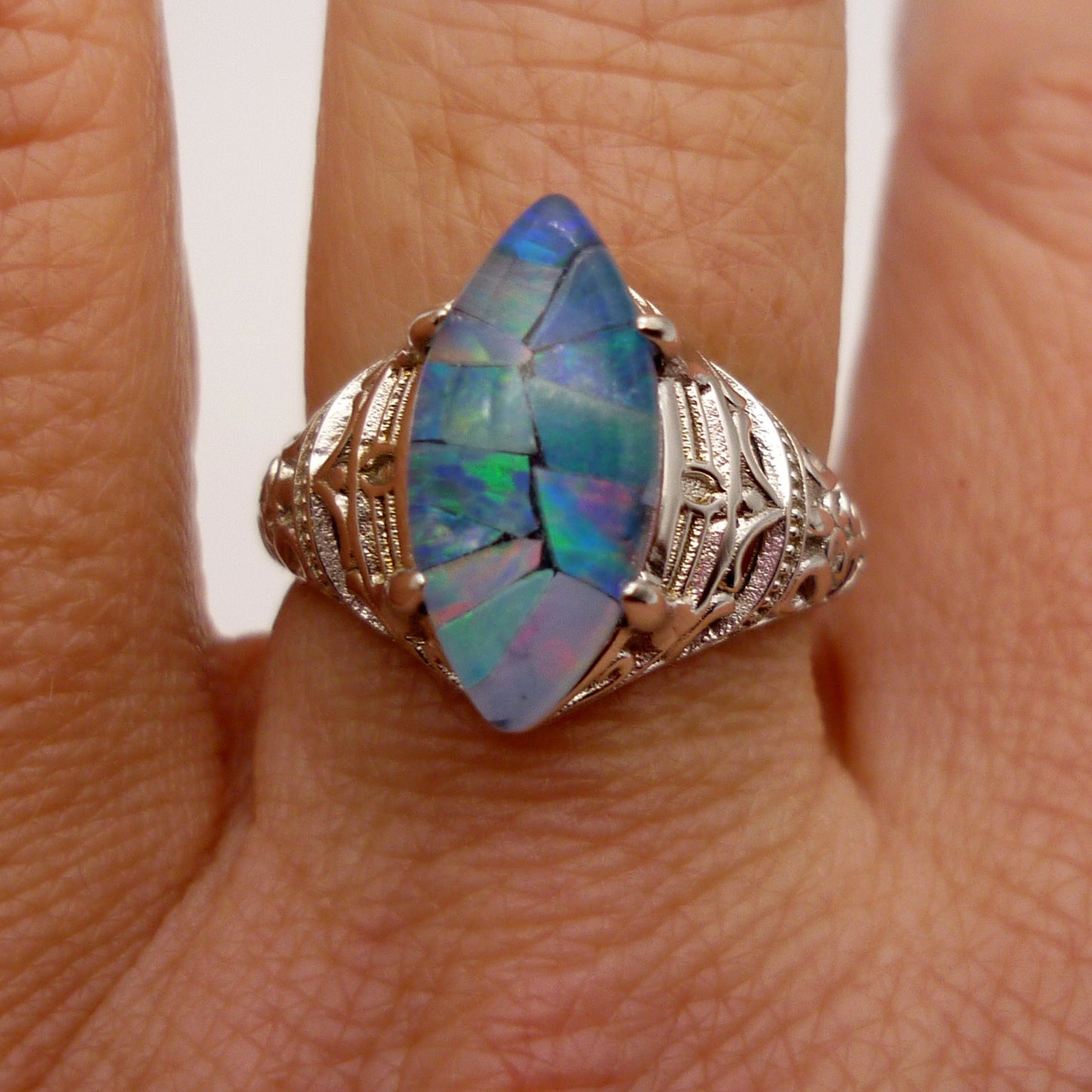 Australian Mosaic Opal Ring: Large Sterling Silver, Size 6.75