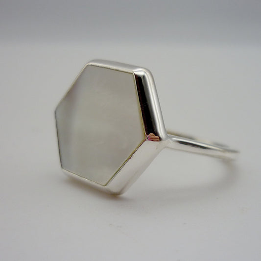 Honeycomb Mother Of Pearl Ring, Silver & Shell Hexagon Panel Ring
