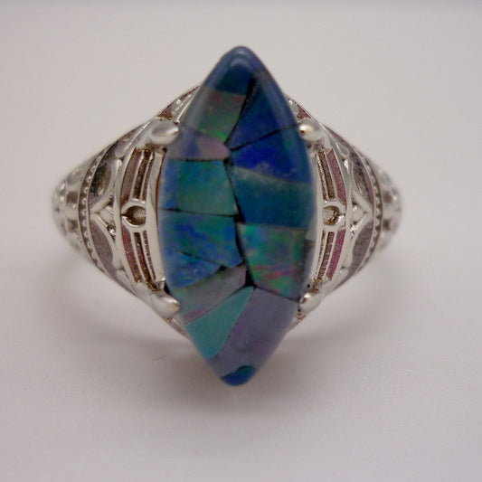 Australian Mosaic Opal Ring: Large Sterling Silver, Size 6.75