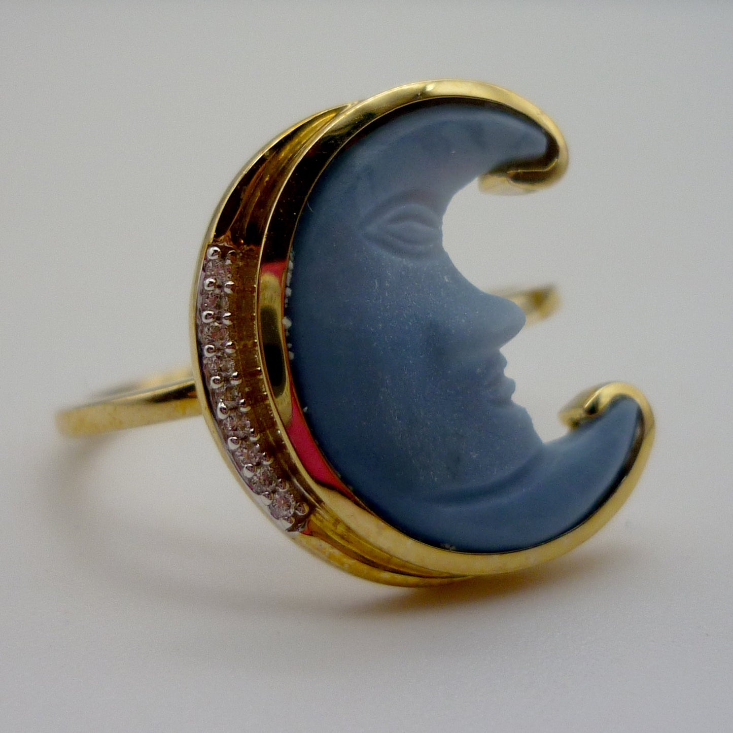Rare Lehrer Man In The Moon Chalcedony & Diamond Gold Ring Size 6.75