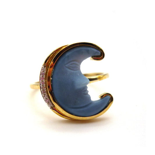 Rare Lehrer Man In The Moon Chalcedony & Diamond Gold Ring Size 6.75
