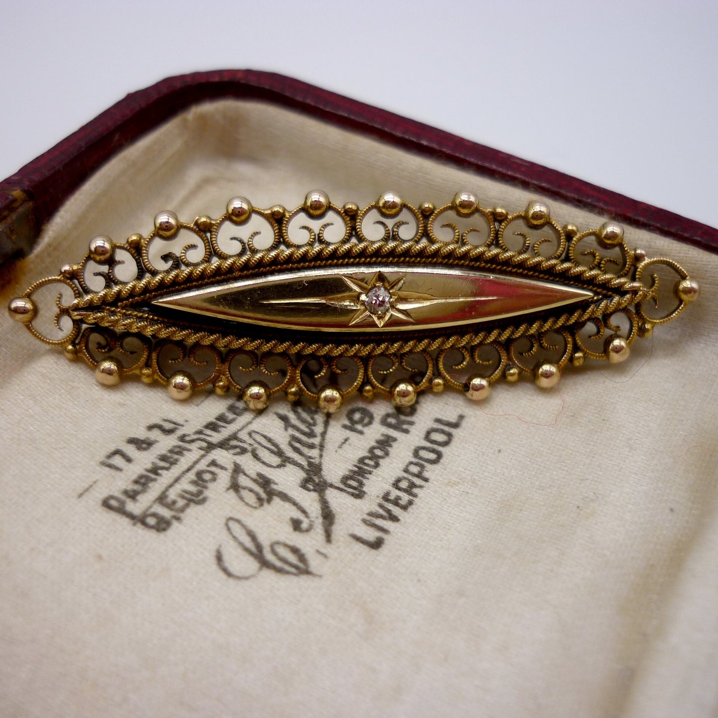 Antique Navette Gold Brooch With Star Set Diamond