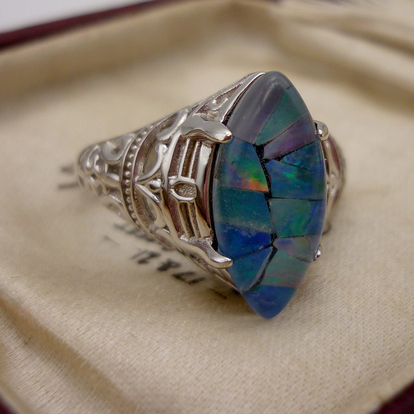 Australian Mosaic Opal Ring: Large Sterling Silver, Size 6.75
