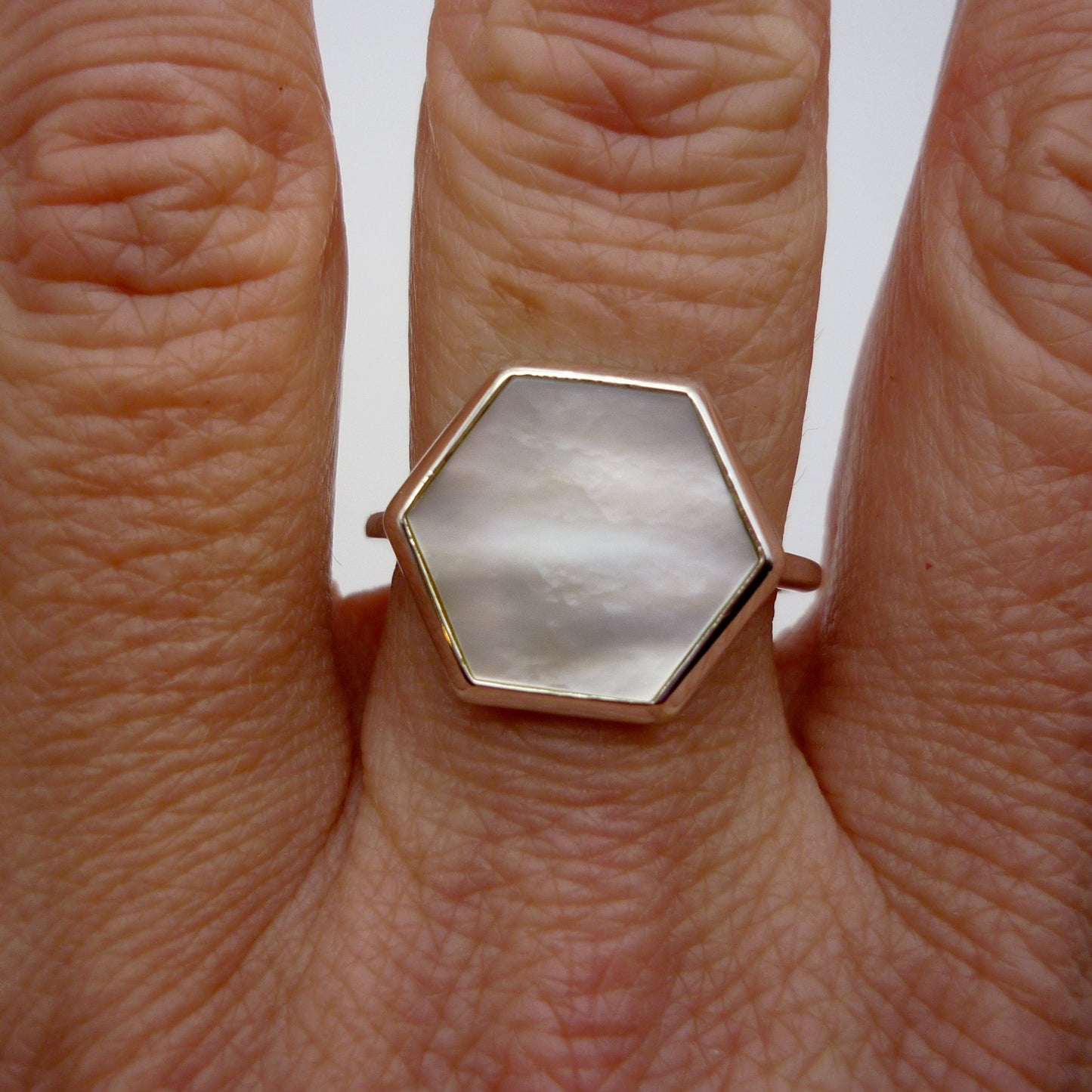 Honeycomb Mother Of Pearl Ring, Silver & Shell Hexagon Panel Ring