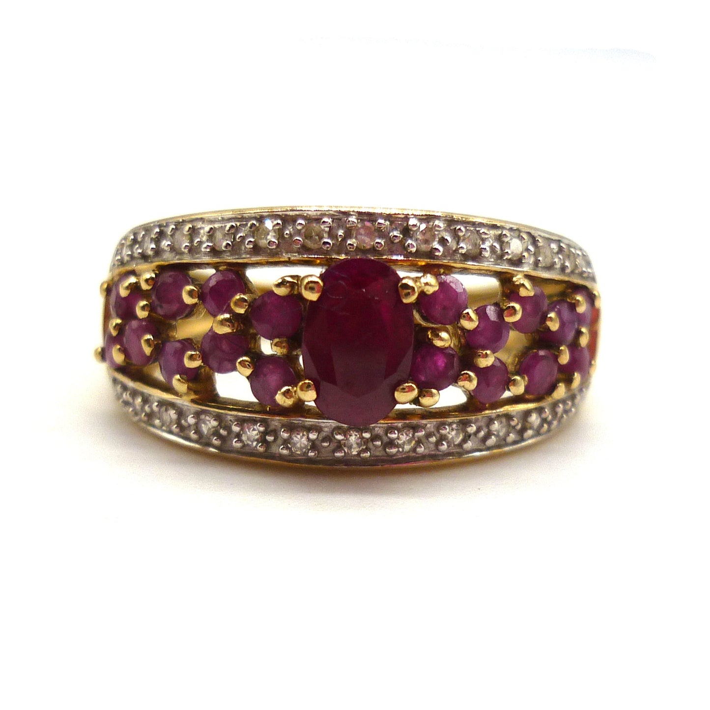 Yellow Gold Band Set With Rubies & Diamonds, 1cm Gold Half Eternity Ring Size 7