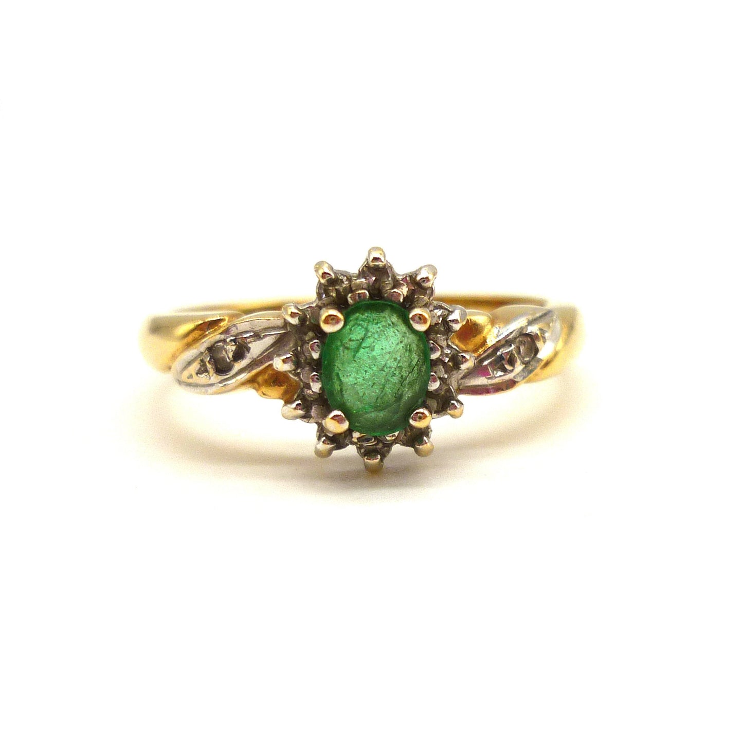 Vintage Emerald & Diamond 18k Gold Halo Ring - Size 7