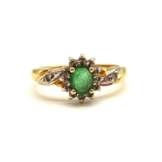 Vintage Emerald & Diamond 18k Gold Halo Ring - Size 7