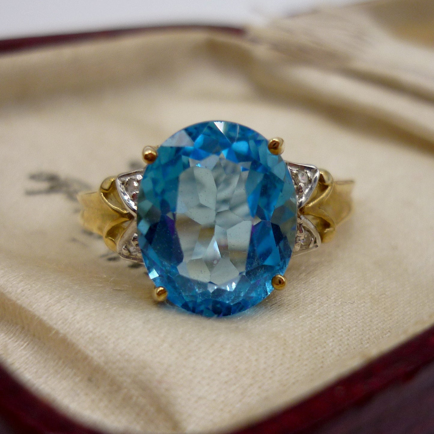 Vintage Swiss Blue Topaz 9k Gold Ring with Diamond Accents, Size 6.75