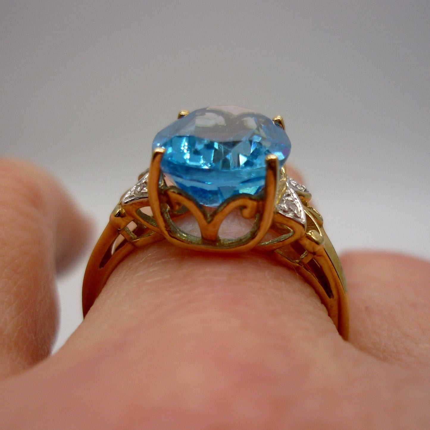 Vintage Swiss Blue Topaz 9k Gold Ring with Diamond Accents, Size 6.75