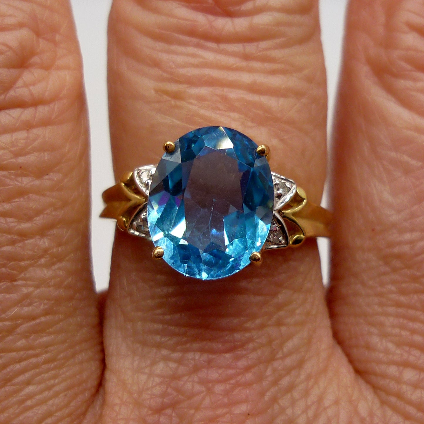 Vintage Swiss Blue Topaz 9k Gold Ring with Diamond Accents, Size 6.75