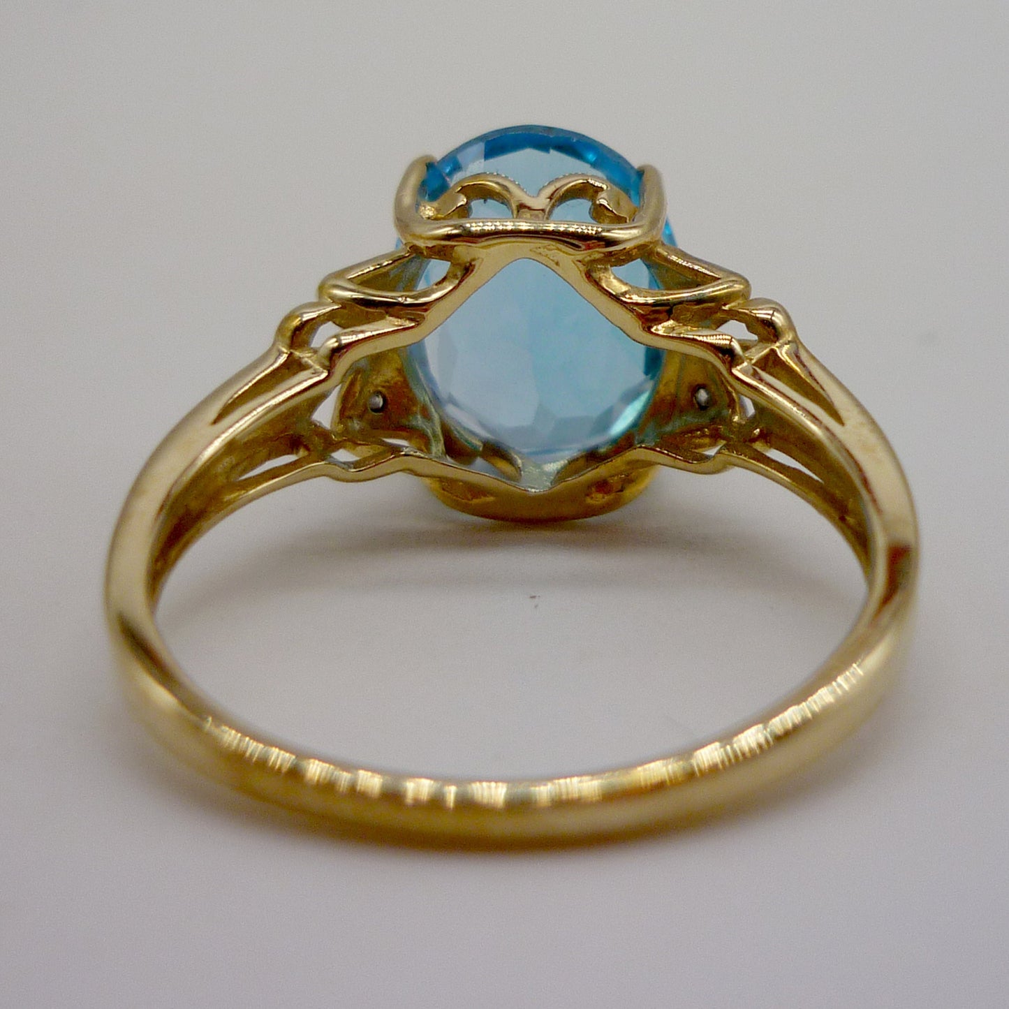 Vintage Swiss Blue Topaz 9k Gold Ring with Diamond Accents, Size 6.75