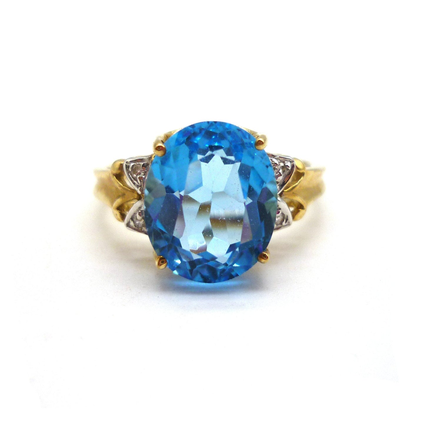 Vintage Swiss Blue Topaz 9k Gold Ring with Diamond Accents, Size 6.75
