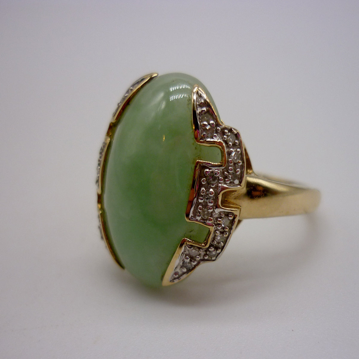 Vintage Art Deco Inspired Jade Cabochon and Geometric Diamond Ring Size 6.75