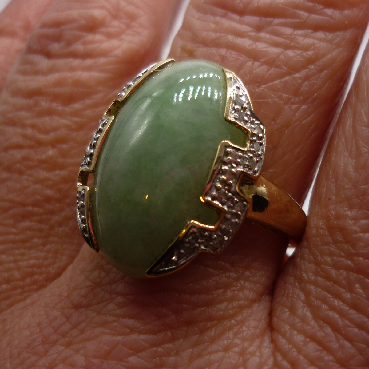 Vintage Art Deco Inspired Jade Cabochon and Geometric Diamond Ring Size 6.75