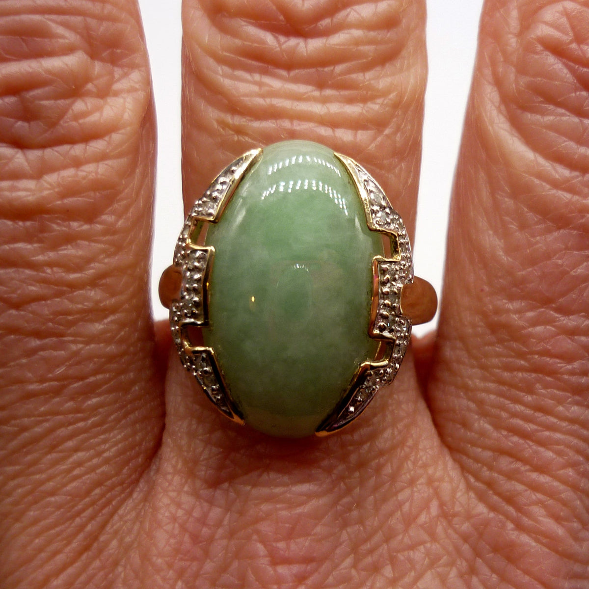 Vintage Art Deco Inspired Jade Cabochon and Geometric Diamond Ring Size 6.75