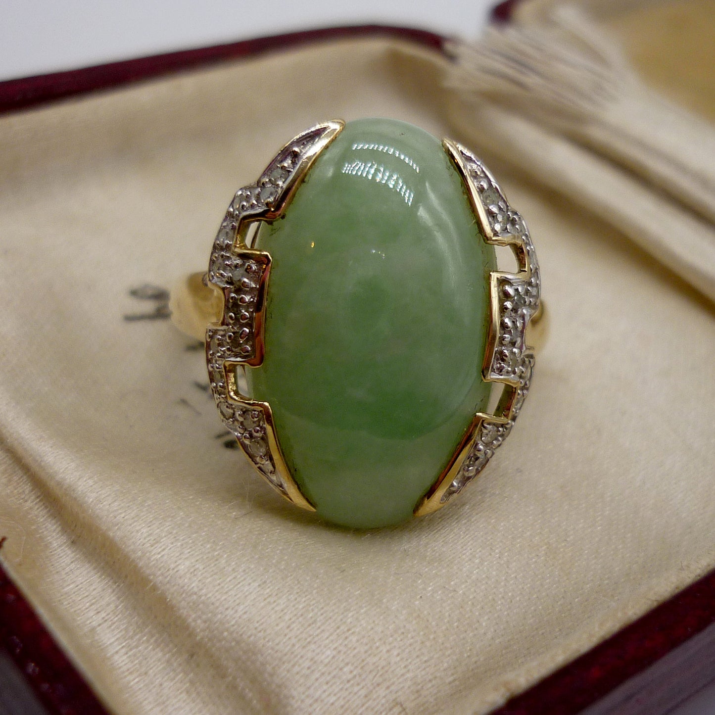 Vintage Art Deco Inspired Jade Cabochon and Geometric Diamond Ring Size 6.75