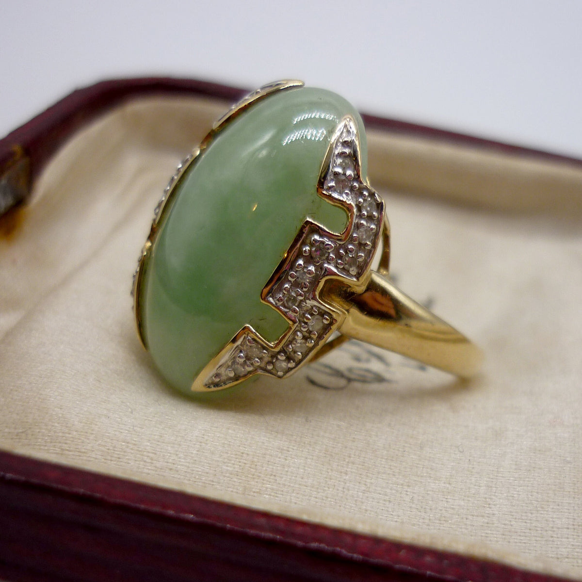 Vintage Art Deco Inspired Jade Cabochon and Geometric Diamond Ring Size 6.75