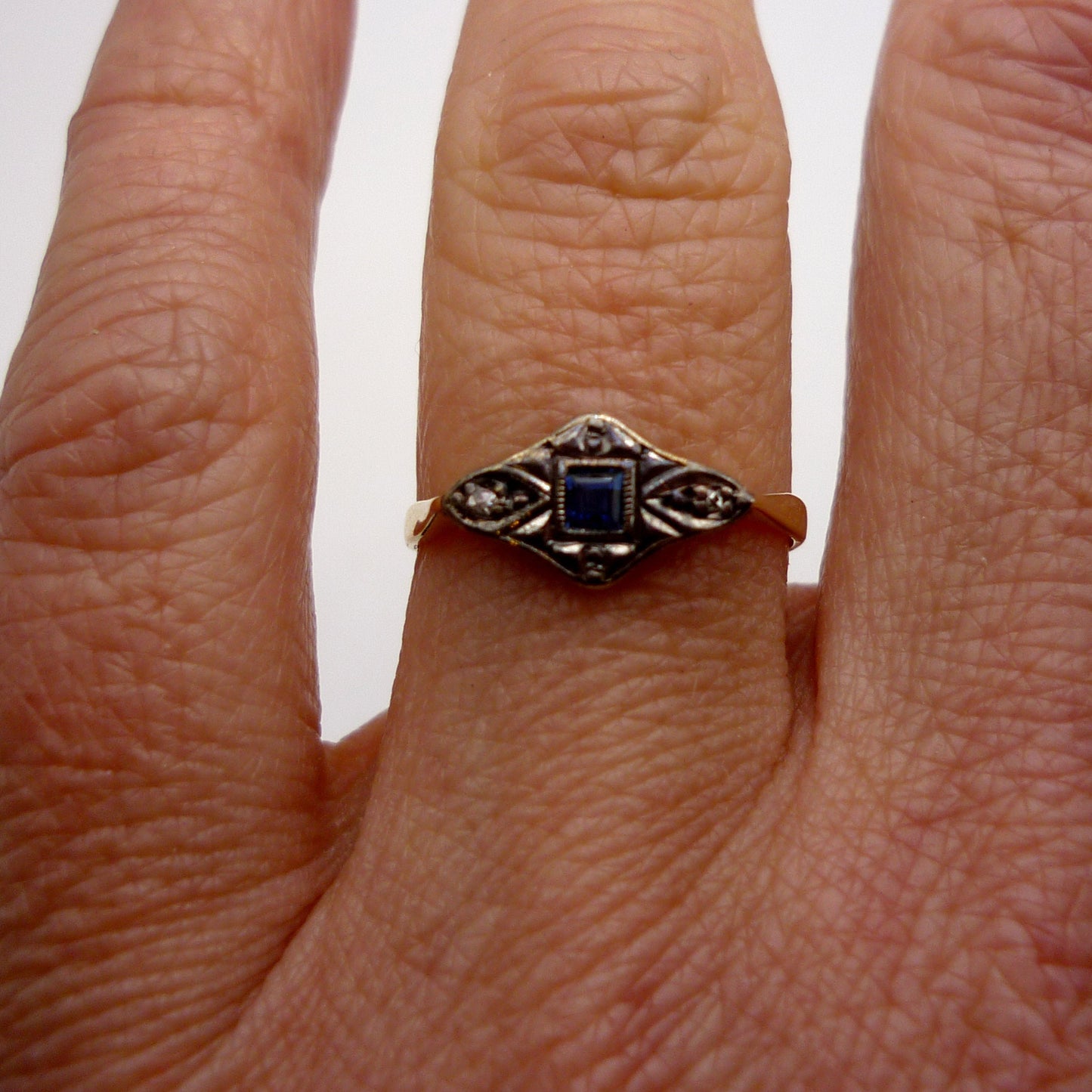 Art Deco Sapphire & Diamond Ring Size 4.45, Antique 18k Gold and Platinum Engagement Ring