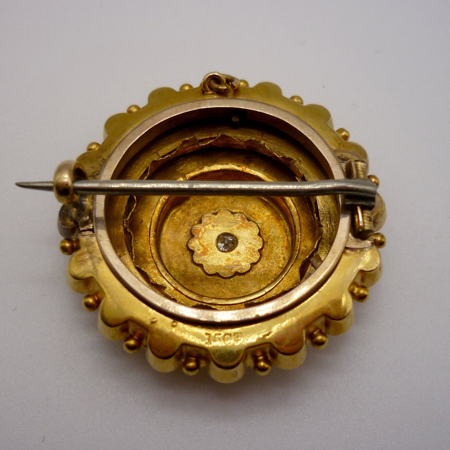 Victorian Etruscan 15ct Gold Mourning Locket Brooch With Old Cut Diamond