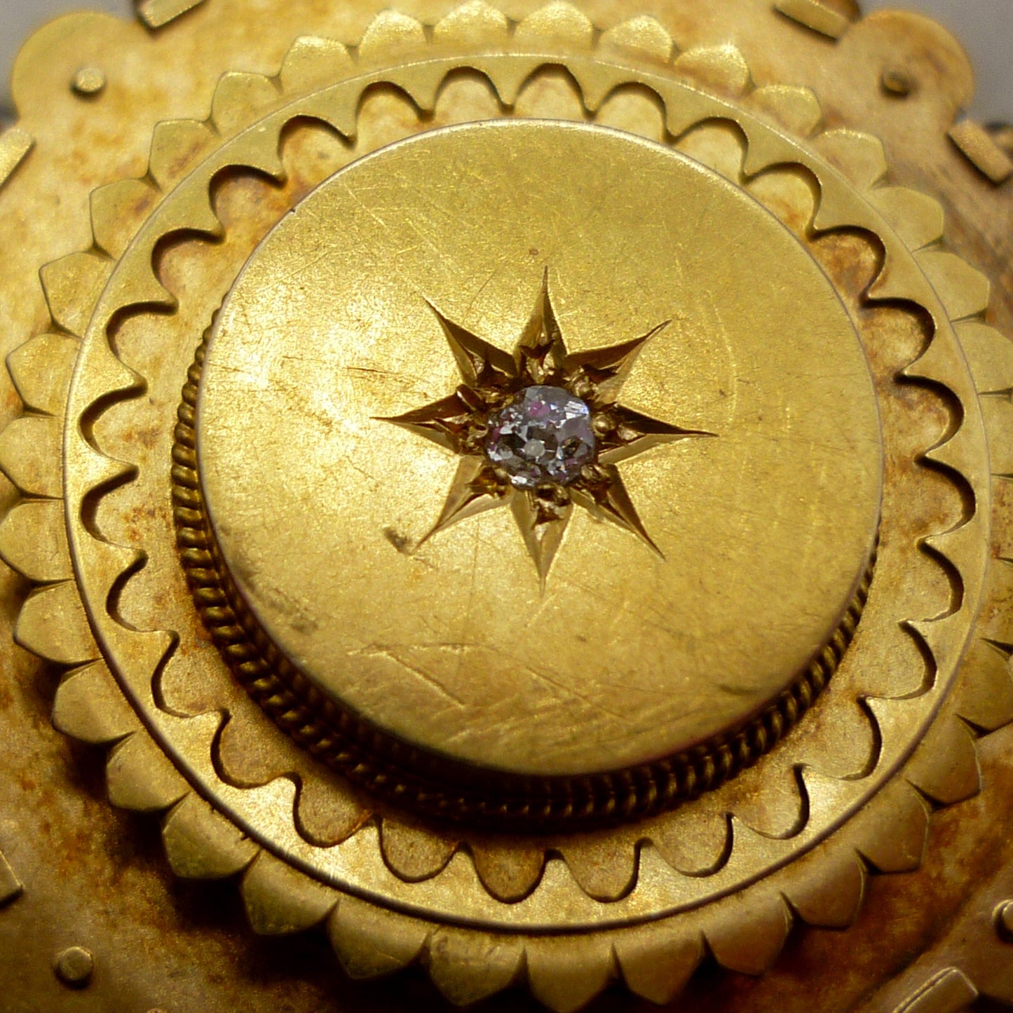 Victorian Etruscan 15ct Gold Mourning Locket Brooch With Old Cut Diamond