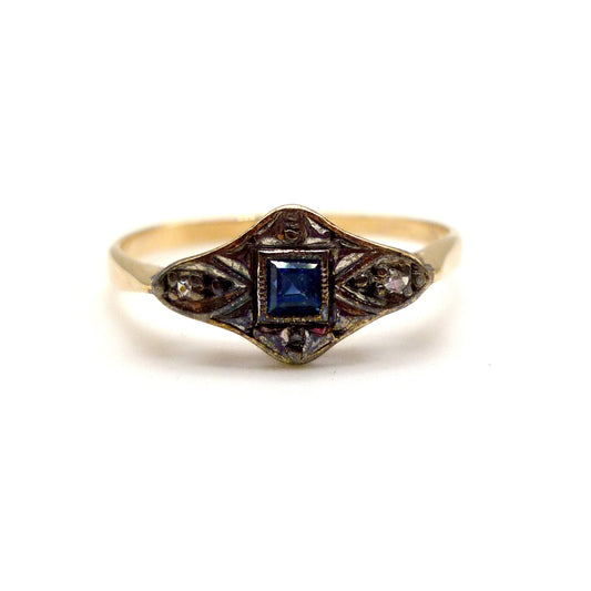 Art Deco Sapphire & Diamond Ring Size 4.45, Antique 18k Gold and Platinum Engagement Ring
