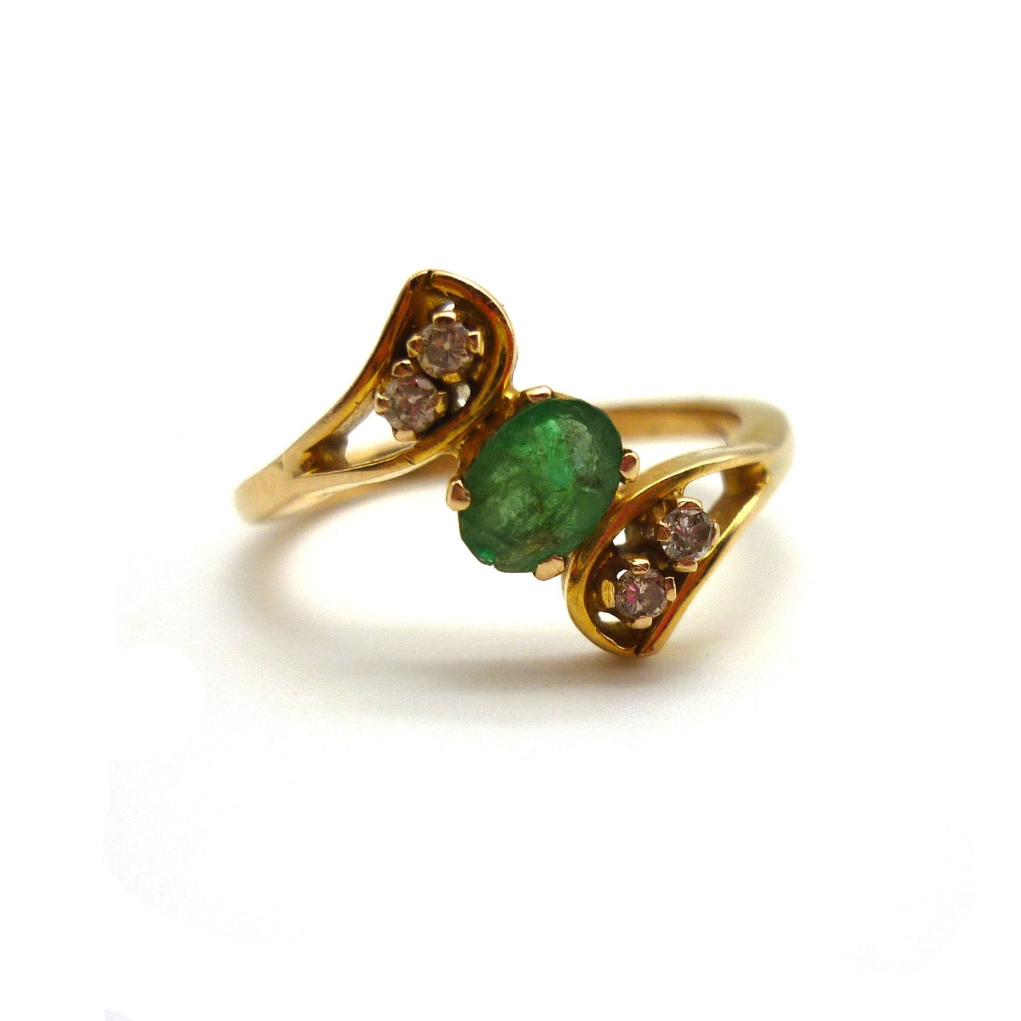 Vintage Indian Gold Emerald & Diamond Crossover Ring Size 6.5