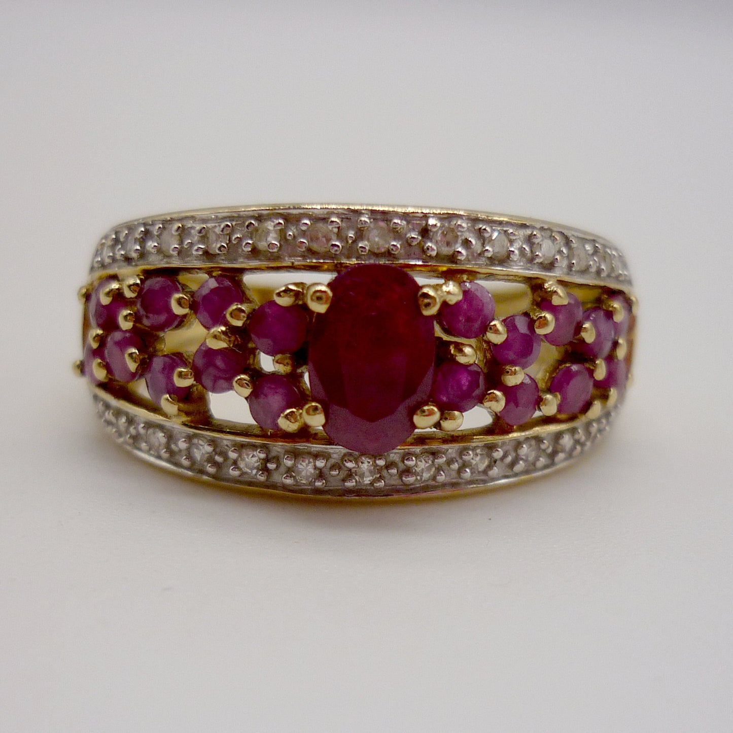 Yellow Gold Band Set With Rubies & Diamonds, 1cm Gold Half Eternity Ring Size 7
