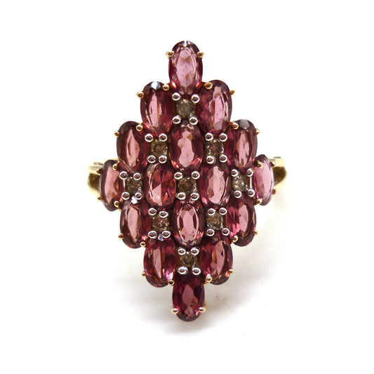 Vintage 9k Gold Pink Tourmaline Diamond Cluster Ring - Size 7.25