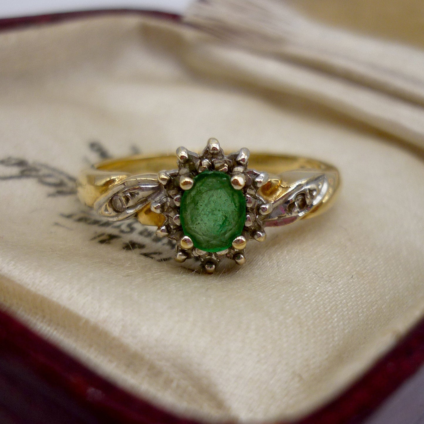 Vintage Emerald & Diamond 18k Gold Halo Ring - Size 7
