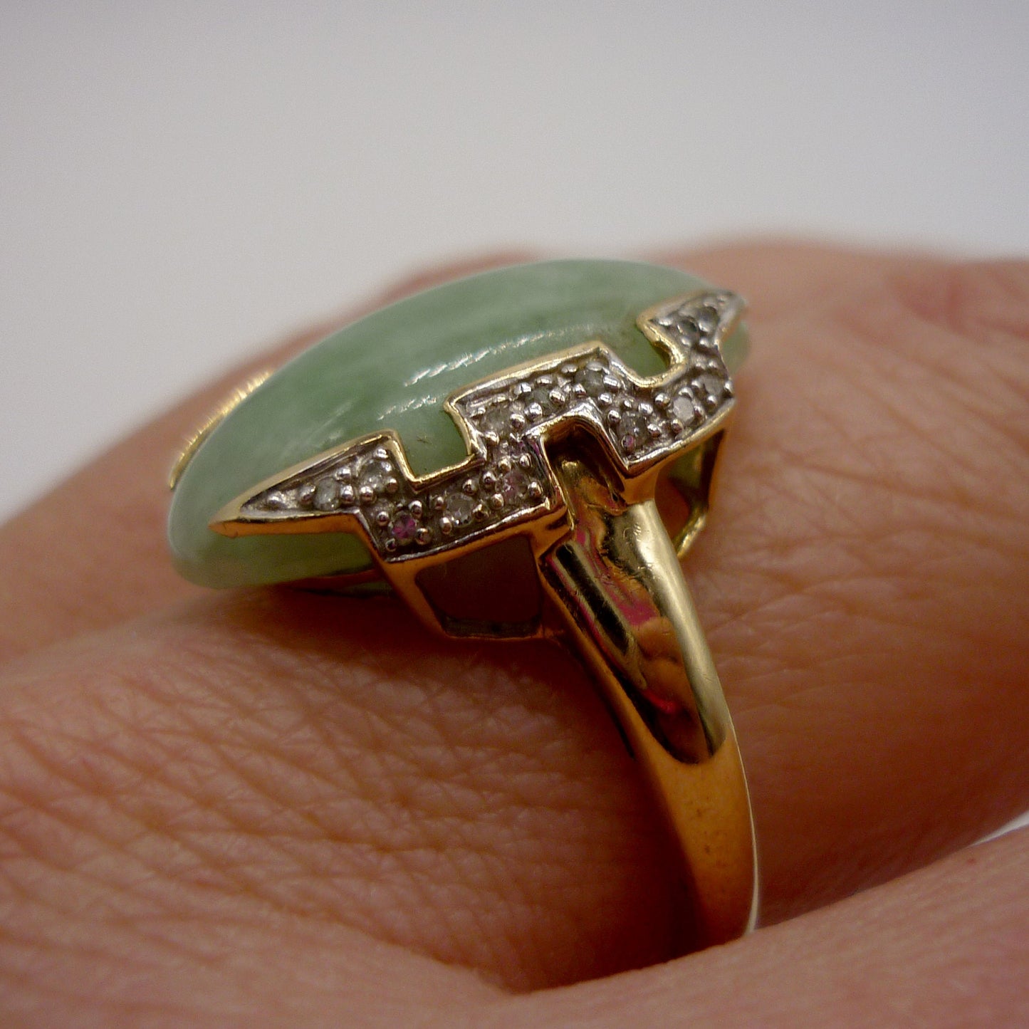 Vintage Art Deco Inspired Jade Cabochon and Geometric Diamond Ring Size 6.75