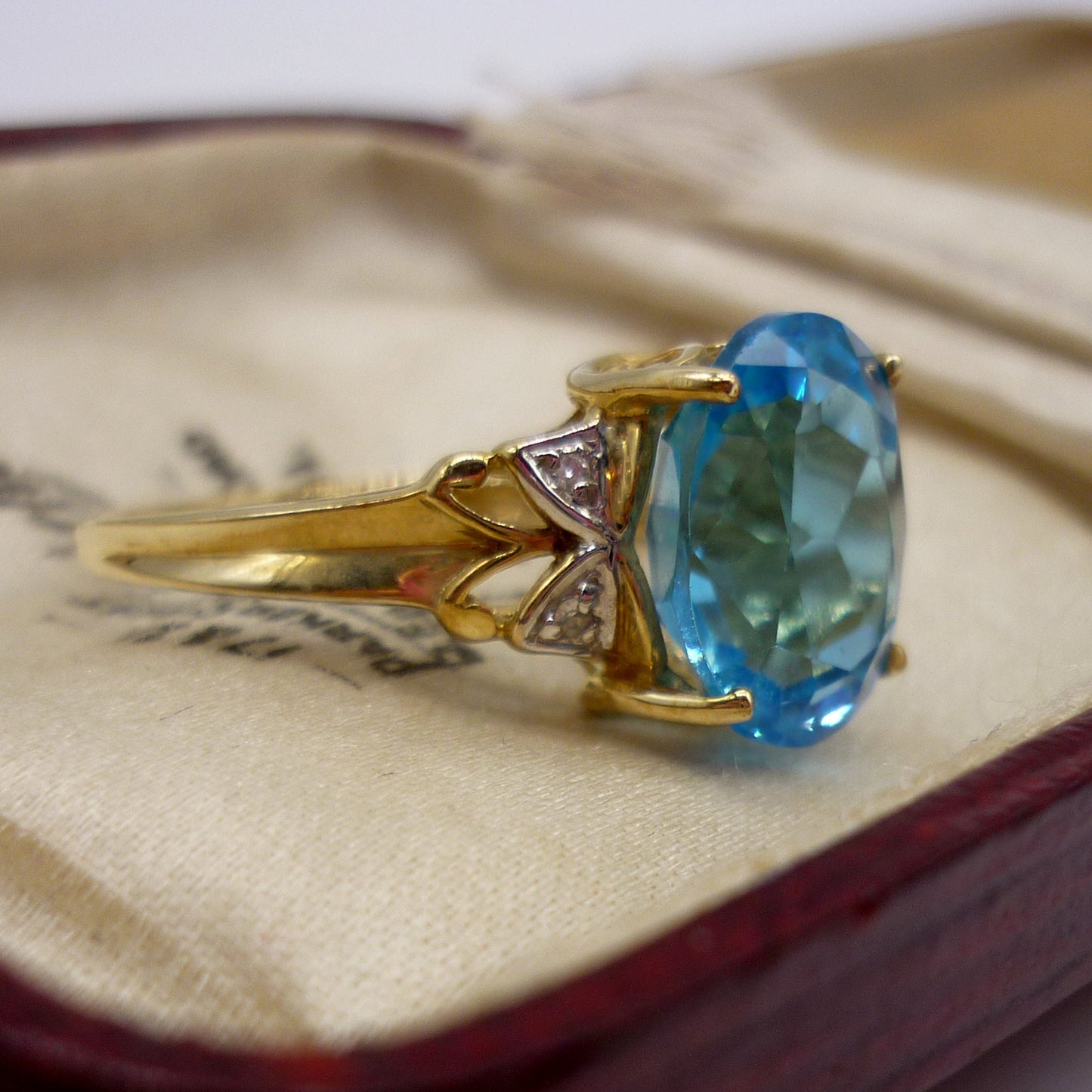 Vintage Swiss Blue Topaz 9k Gold Ring with Diamond Accents, Size 6.75