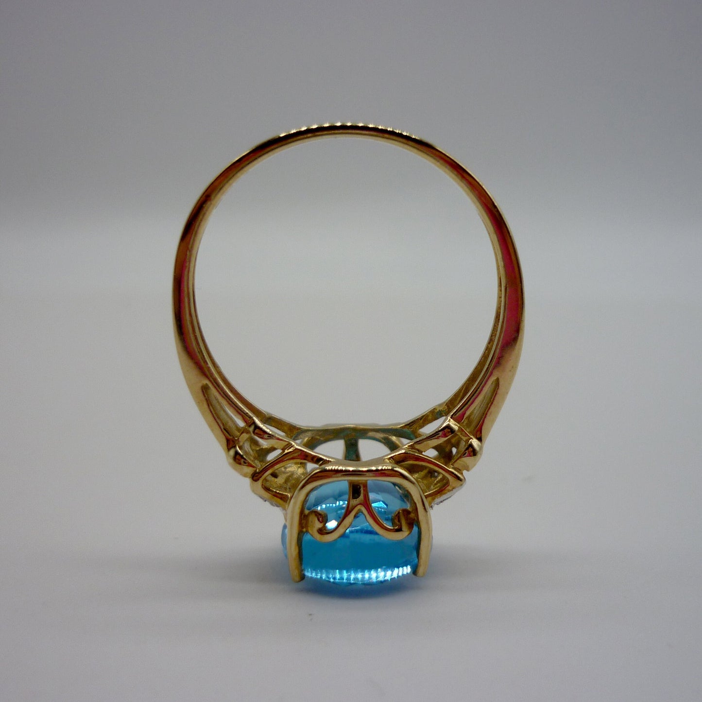 Vintage Swiss Blue Topaz 9k Gold Ring with Diamond Accents, Size 6.75