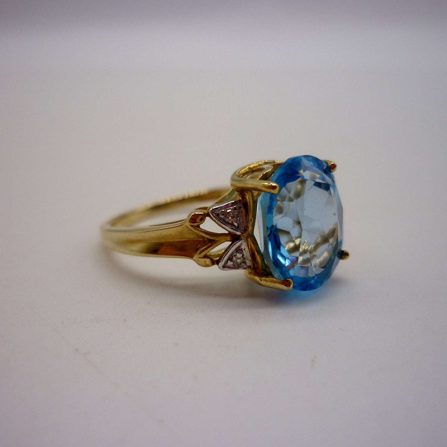 Vintage Swiss Blue Topaz 9k Gold Ring with Diamond Accents, Size 6.75