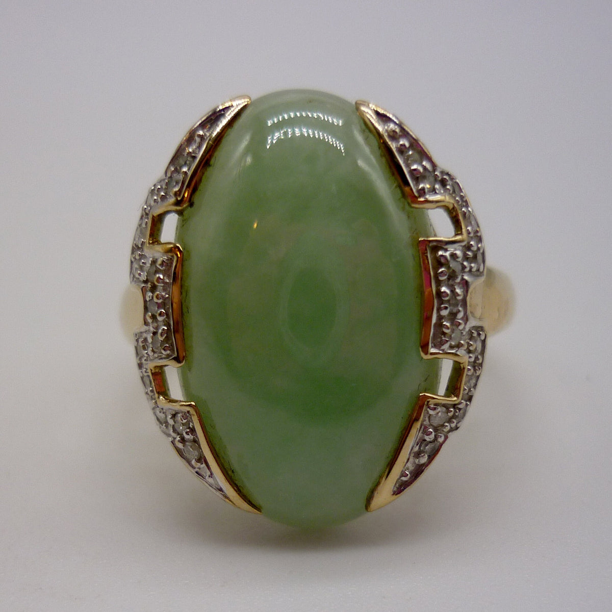 Vintage Art Deco Inspired Jade Cabochon and Geometric Diamond Ring Size 6.75