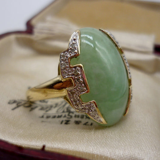 Vintage Art Deco Inspired Jade Cabochon and Geometric Diamond Ring Size 6.75