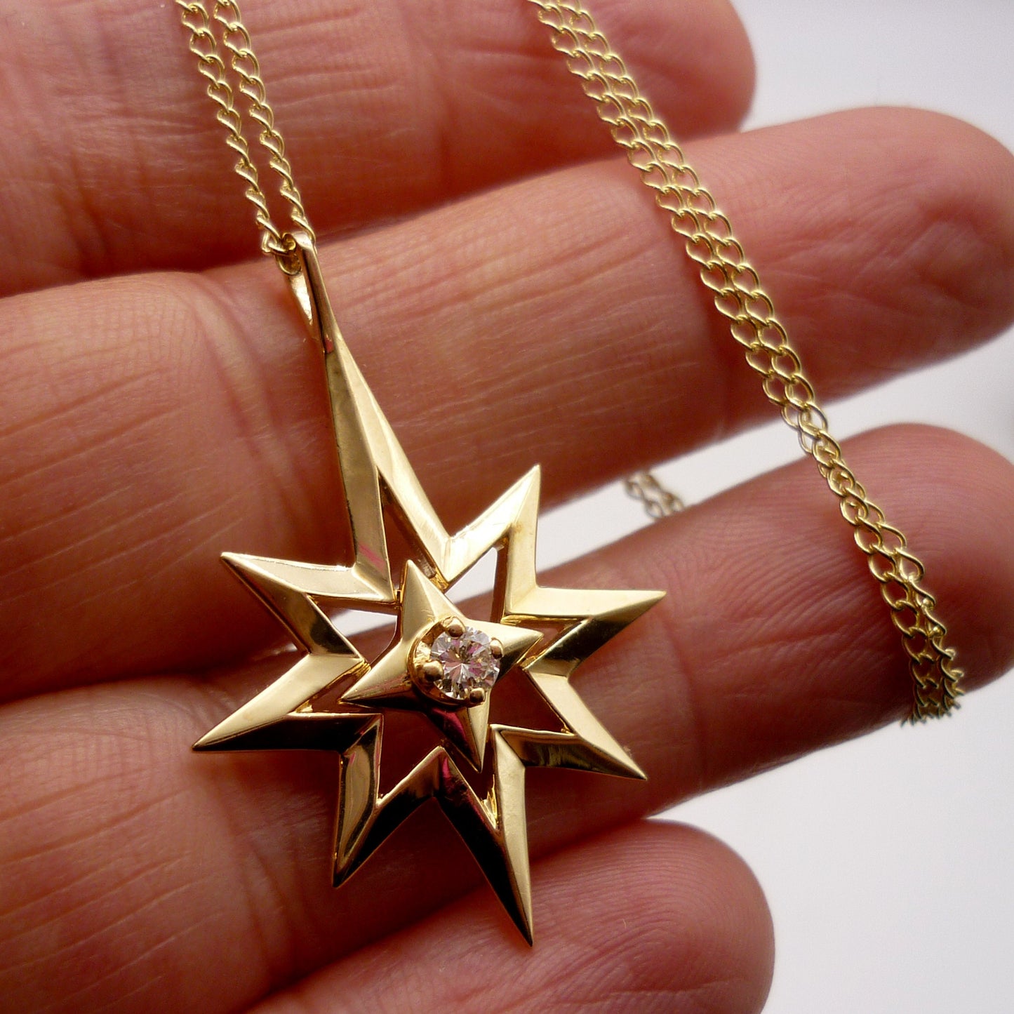 Vintage 14k Gold North Star Necklace, Diamond Polar Star Pendant on Dog Clip Chain