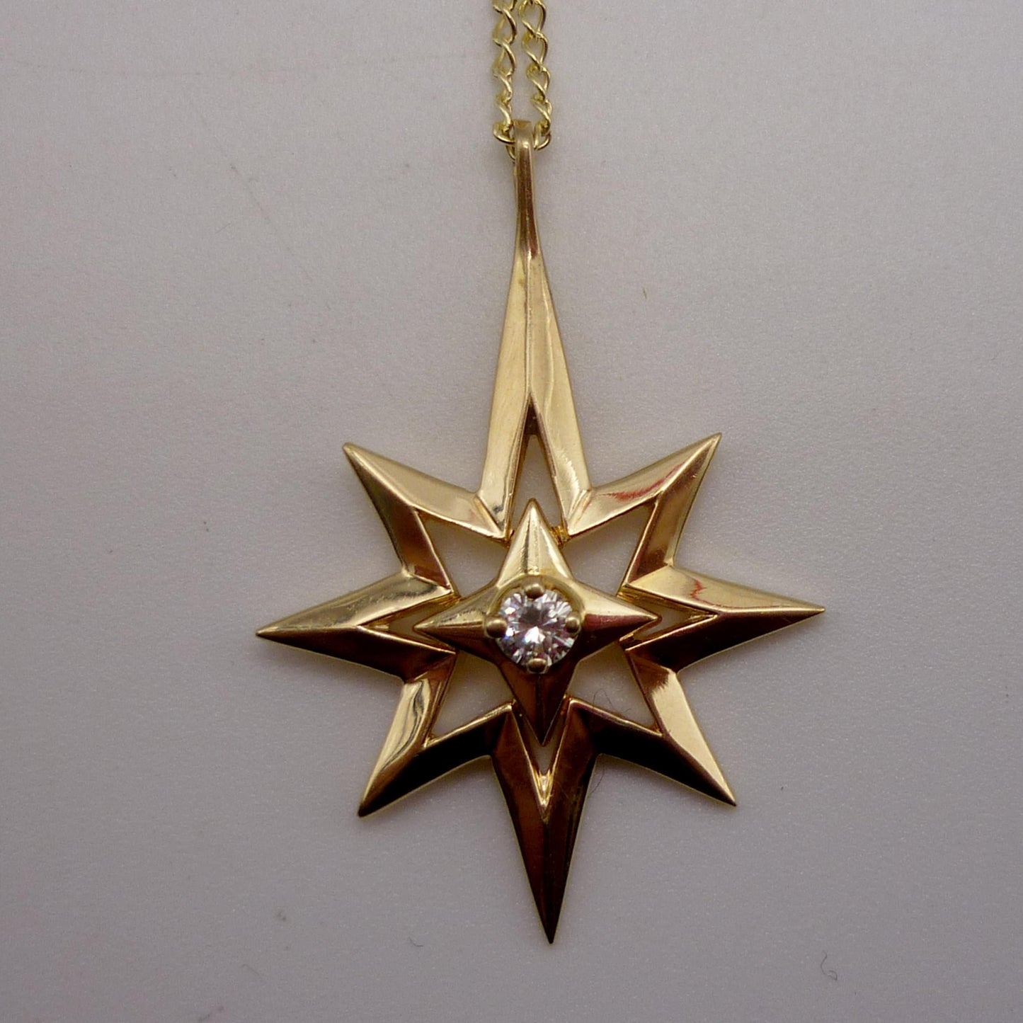 Vintage 14k Gold North Star Necklace, Diamond Polar Star Pendant on Dog Clip Chain