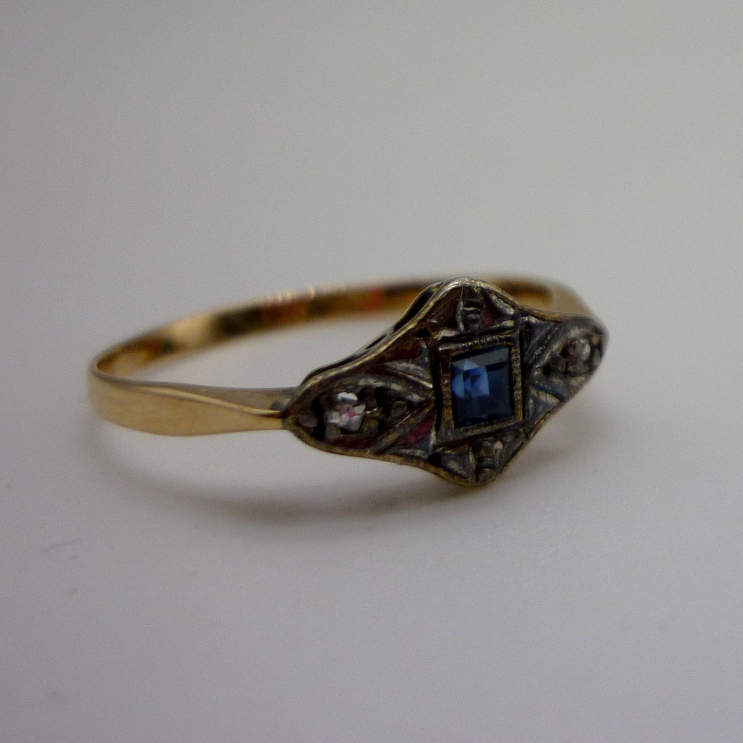 Art Deco Sapphire & Diamond Ring Size 4.45, Antique 18k Gold and Platinum Engagement Ring