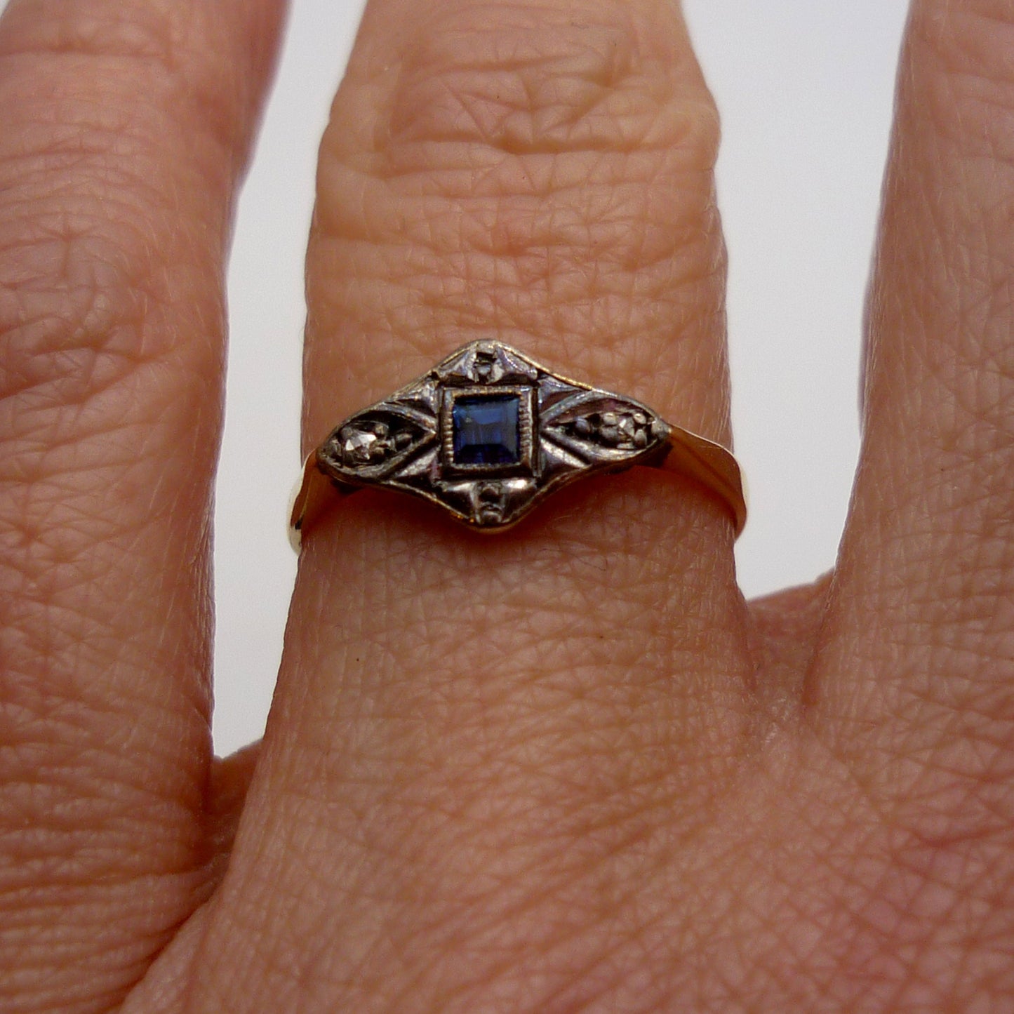 Art Deco Sapphire & Diamond Ring Size 4.45, Antique 18k Gold and Platinum Engagement Ring
