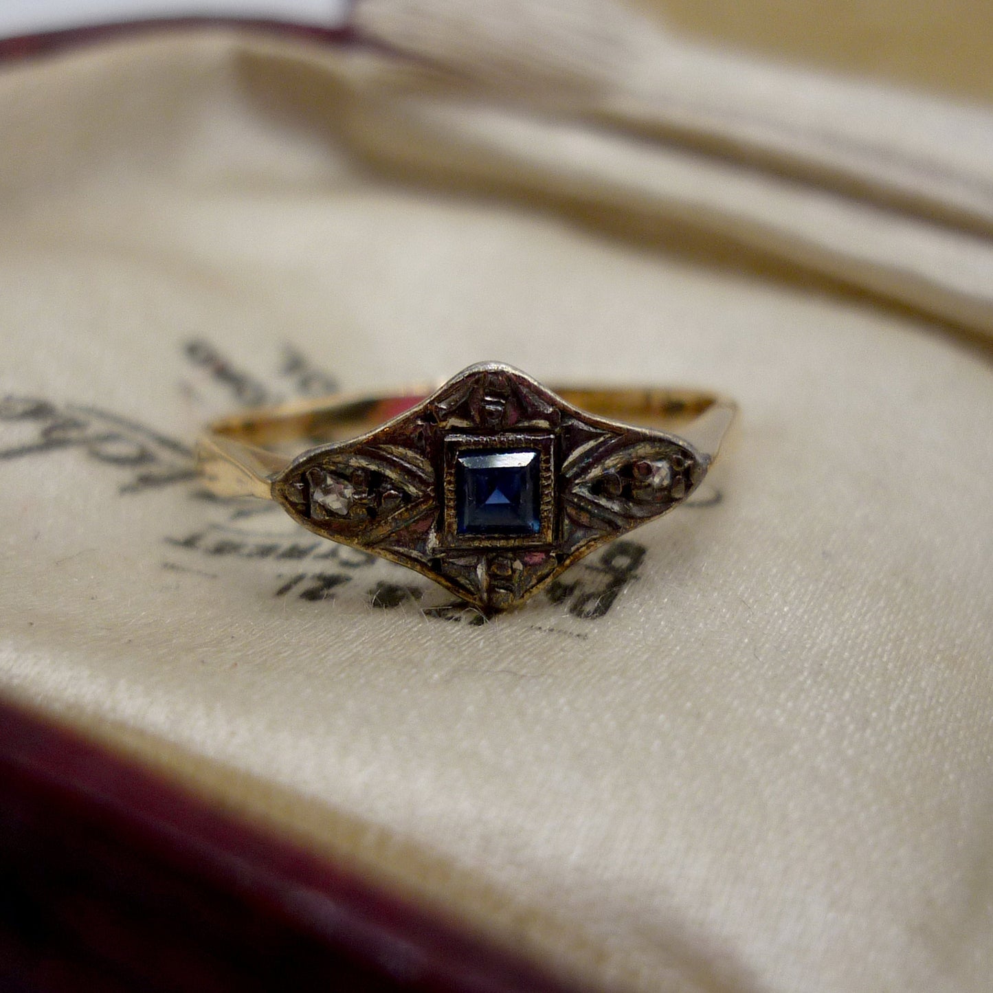 Art Deco Sapphire & Diamond Ring Size 4.45, Antique 18k Gold and Platinum Engagement Ring