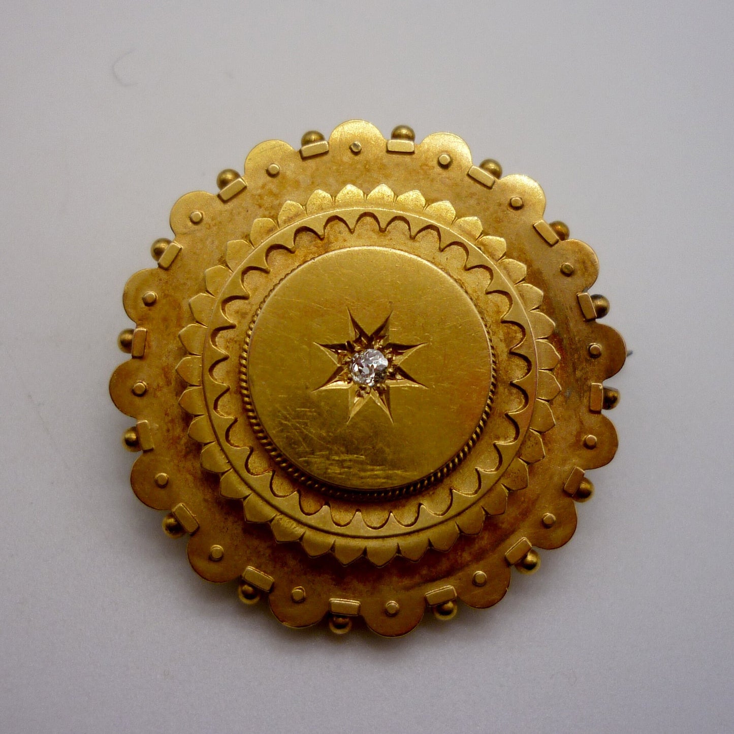 Victorian Etruscan 15ct Gold Mourning Locket Brooch With Old Cut Diamond